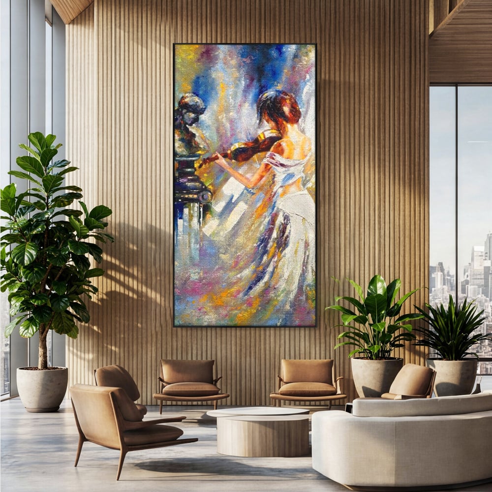 Tablou canvas cu pictura femeie cantand la vioara, in rama de aluminiu negru, pe perete intr-un birou